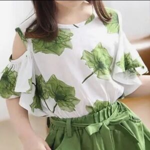 Girls White Green Leaves Print Opened Shoulder Short Sleeves Top T- Shirt 4